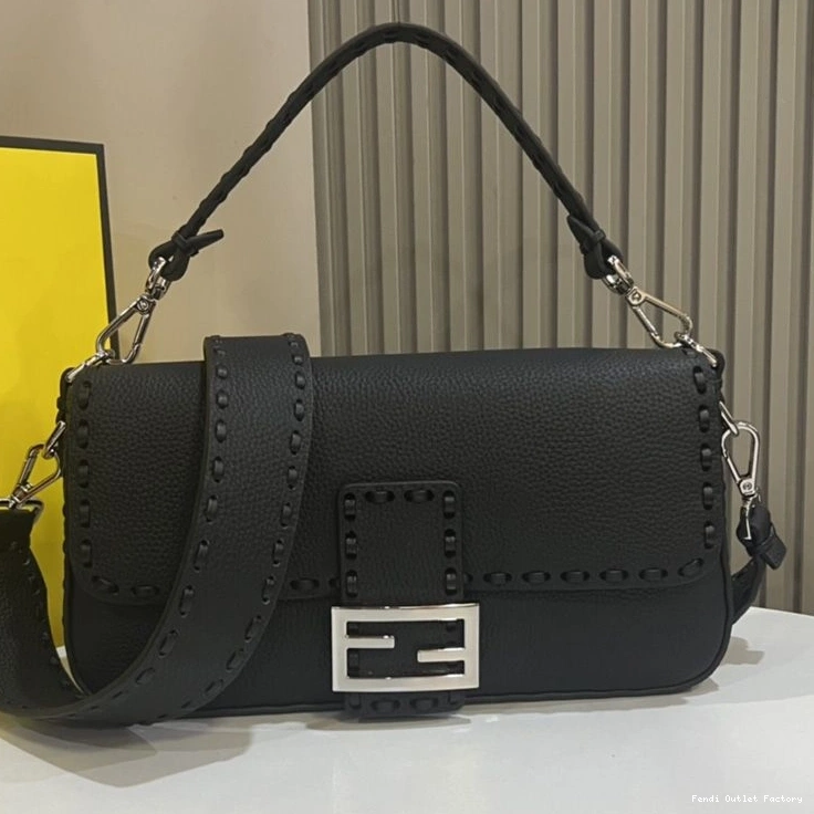 HOT Leather Black Baguette Romano In Medium Fendi Selleria Bag Cuoio 0721